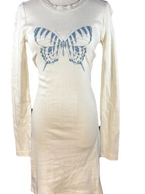 Forever 21 Cream Long Sleeve Dress with Blue Butterfly Graphic